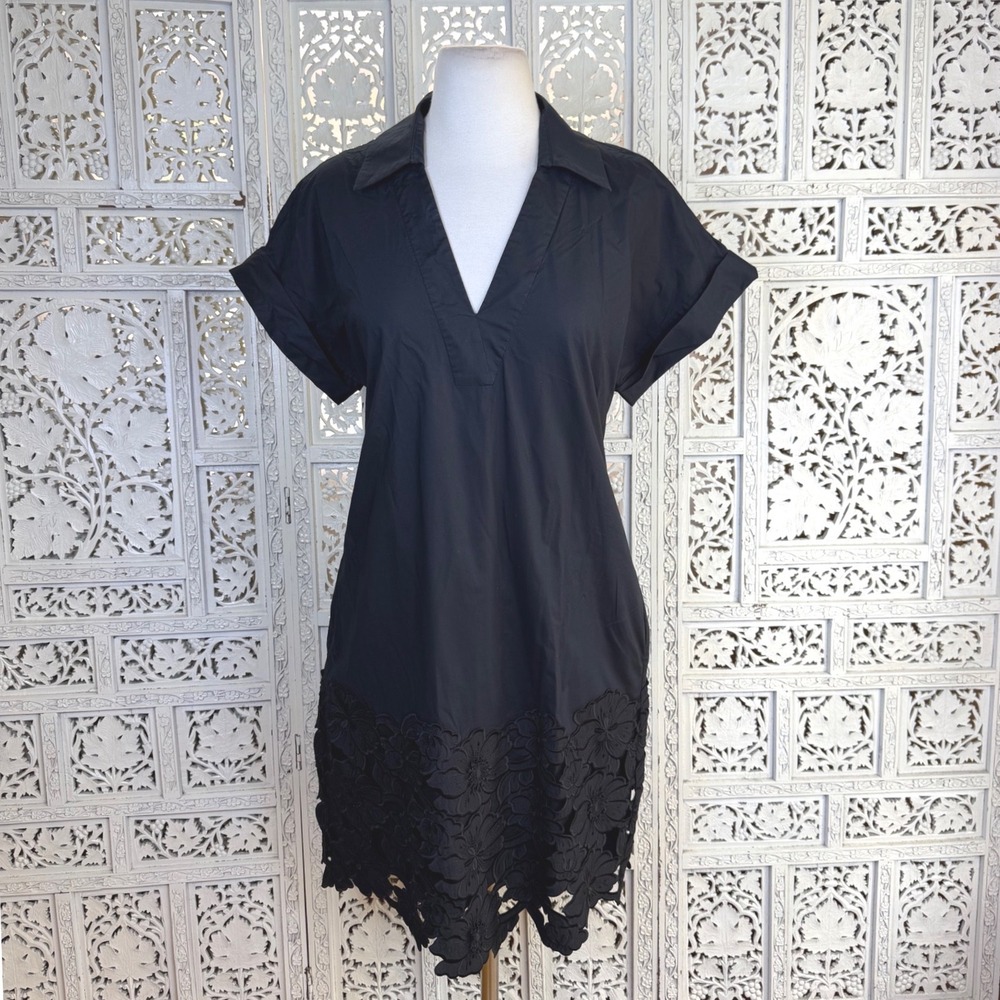 Pearl Lela Rose Black Collared Dress Sz Small Floral Career‎ Business Casual